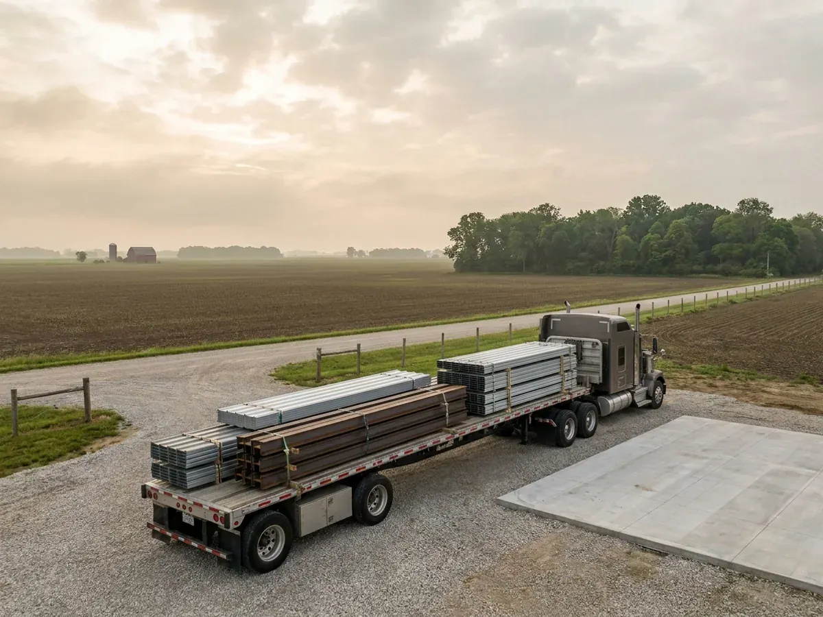 A flatbed truck delivering banded steel frame members and stacked metal roof panels to a building site beside a finished concrete slab.