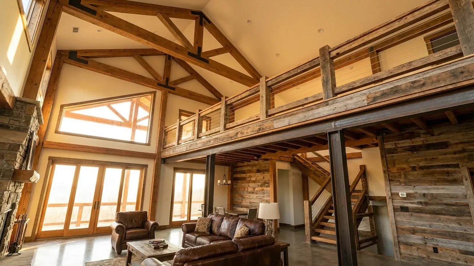 A barndominium great room with an open loft level and railing built over part of the room, reached by an open staircase.