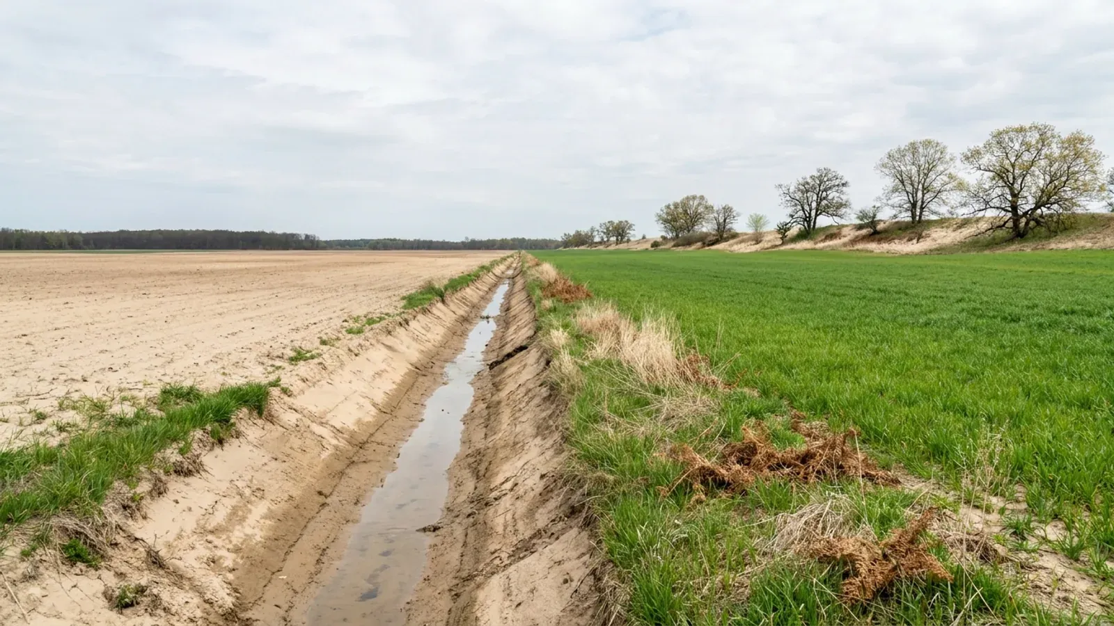 Flat sandy outwash farmland with a straight drainage ditch and a black oak savanna on a low sand ridge in early spring.