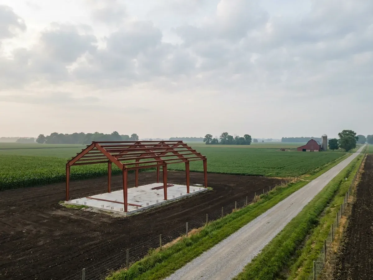 A red oxide primed structural steel frame partly erected on a concrete slab, showing bolted knee joints and anchor bolts.