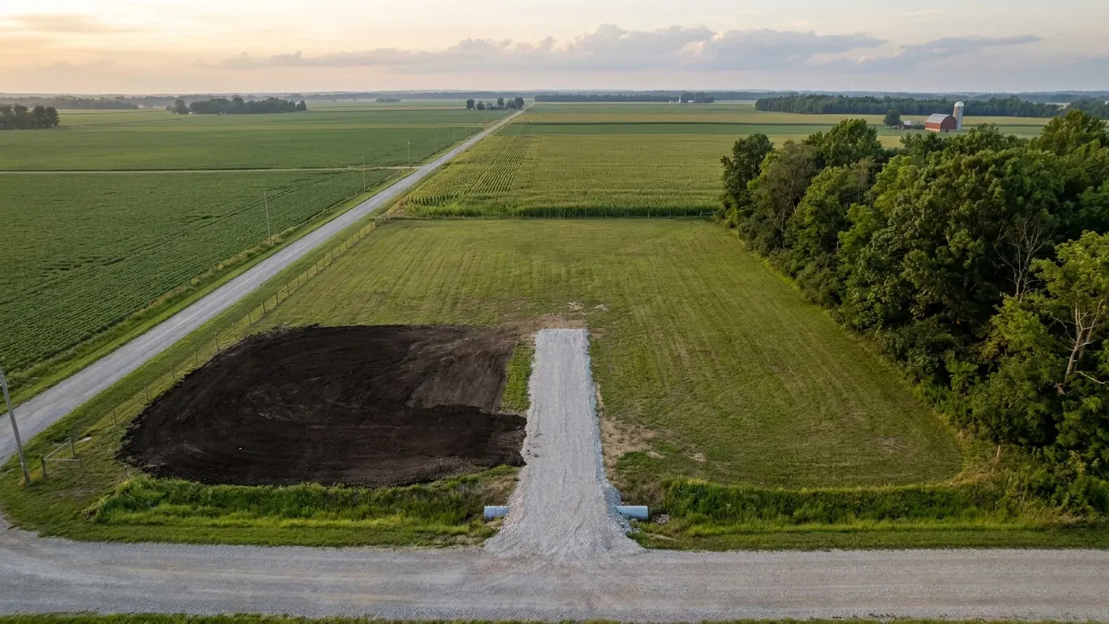 Aerial view of an undeveloped, nearly level rural lot with mown grass, a gravel drive off a county road, a hardwood woodlot on one side and crop fields beyond.