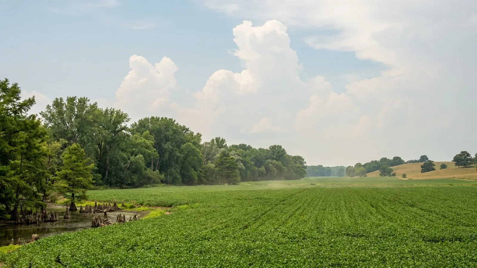 Flat river floodplain soybean fields with a bald cypress slough at the edge and low rolling hills beyond on a hazy summer day.