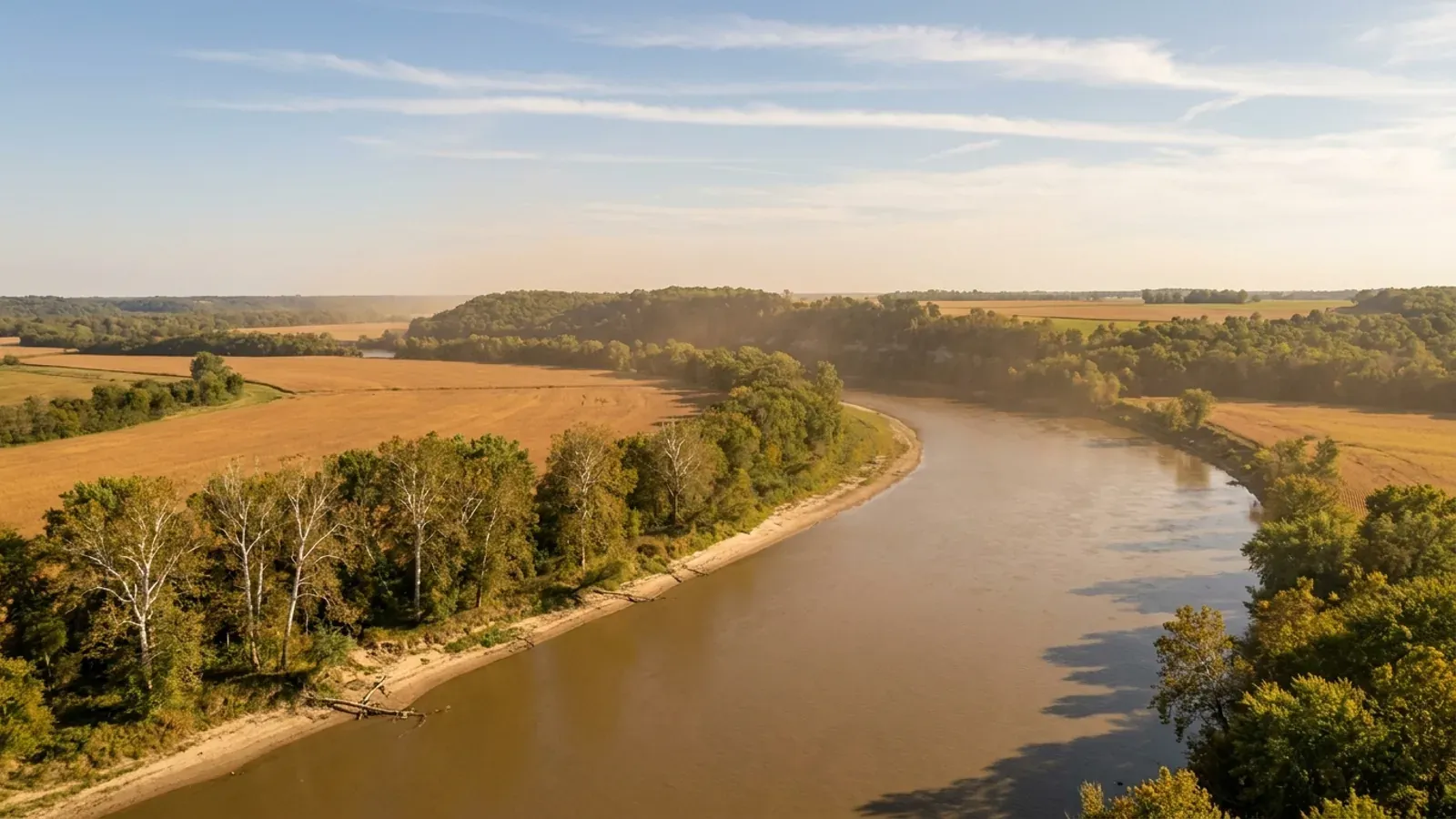 A broad river curving past flat golden soybean bottomland, lined with white-barked sycamores, with a low wooded valley wall beyond.